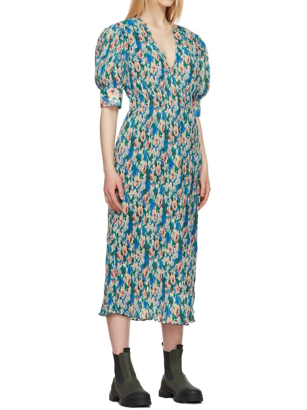 GANNI Blue Floral Pleated Georgette Midi Dress EU 34 US 2 Puff Sleeve Smocked